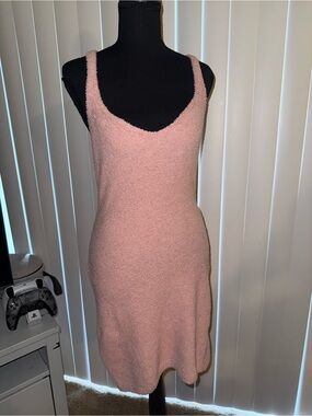 Pink Solid Knit Bodycon Knee Length Dress, Scoop Neck, Sleeveless Strappy
